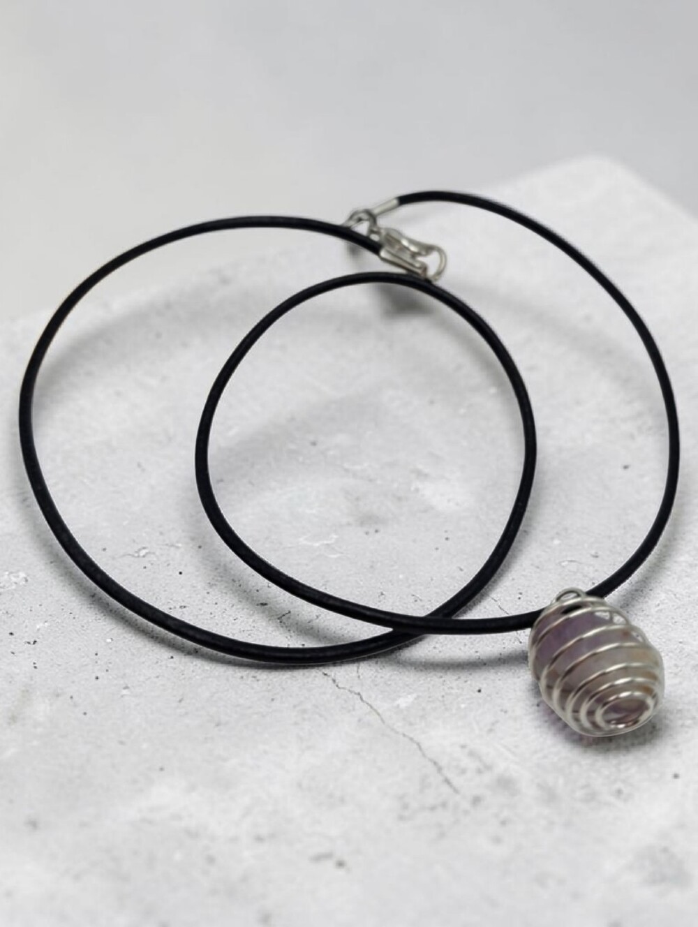 Handmade Kunzite Stone Pendant in Silver Spiral Cage Necklace